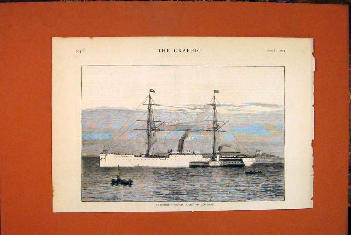 Original Old Antique Print Steamship Gravesend Dublin Castle Steam Ship 1879