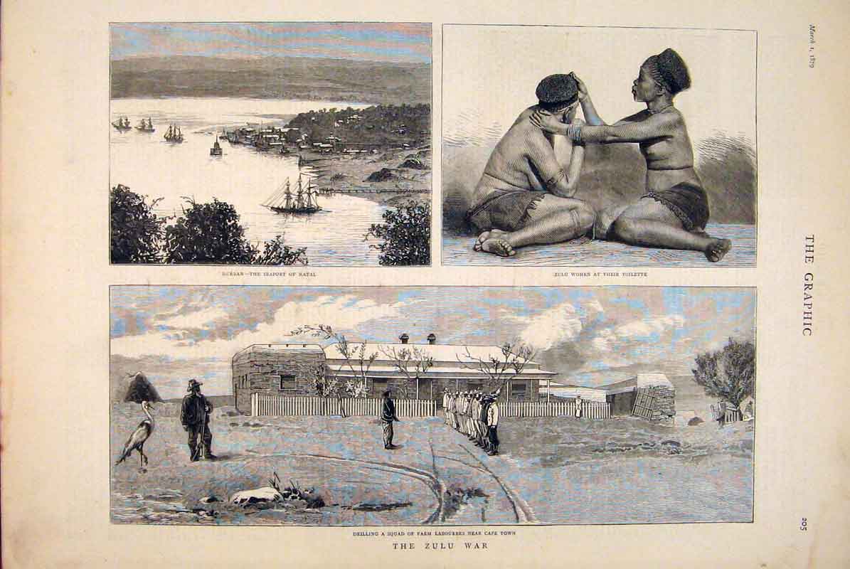 Original Old Antique Print Zulu War Africa Cape Town Durban Natal Women 1879
