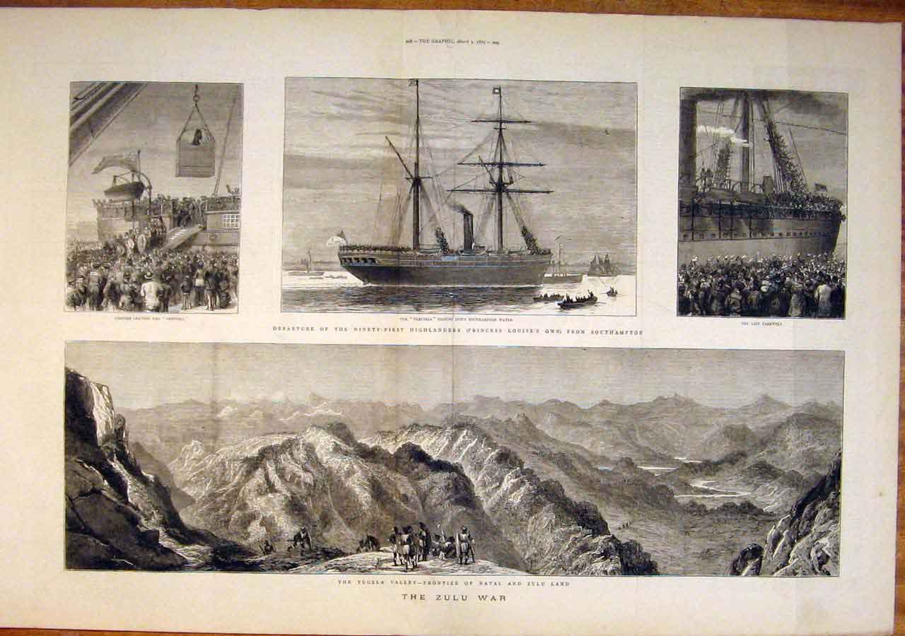 Old Antique Print Zulu War Africa Highlanders Natal Tugela Pretoria 1879 19th