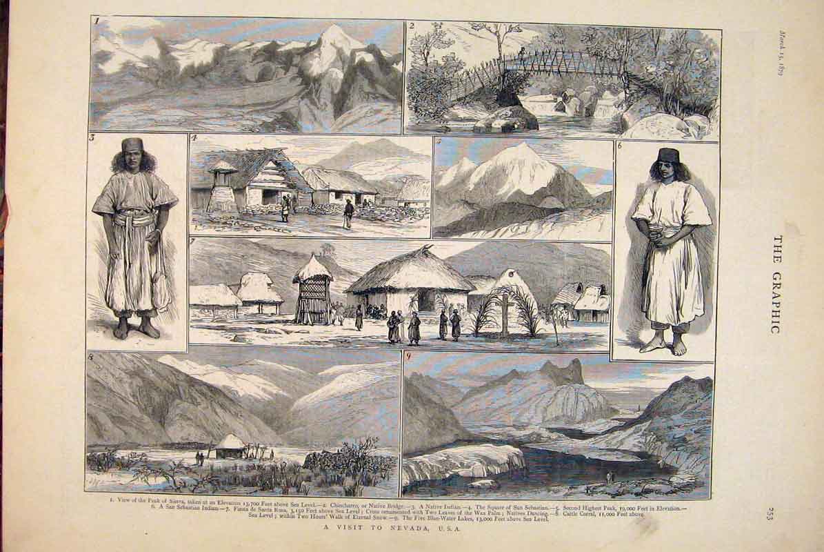 Original Old Antique Print Nevada Usa America Sierra Indian San Sebastian 1879