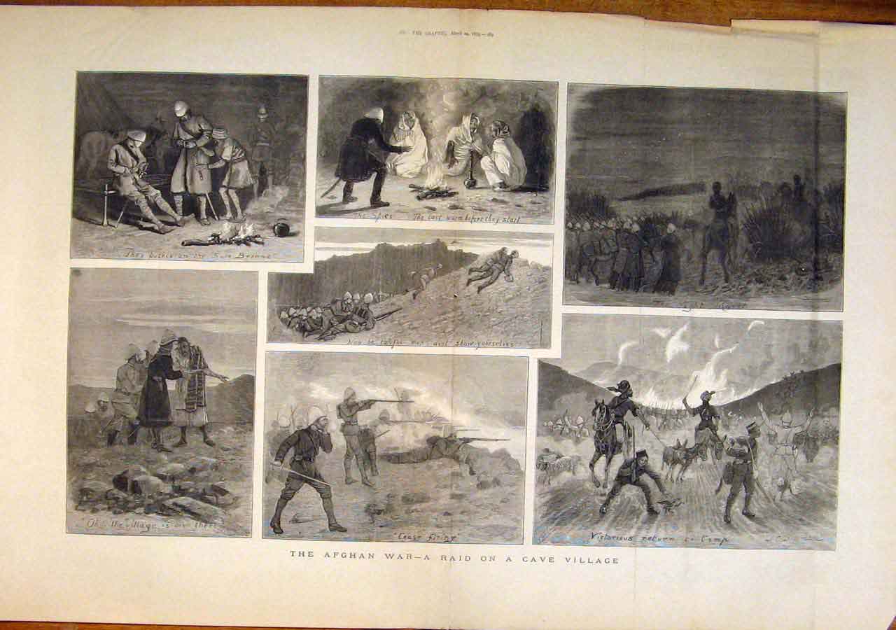 Original Old Antique Print Afghan War Raid Cave Village 1879 19th