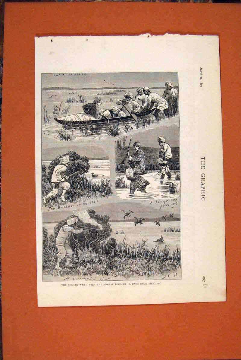 Original Old Antique Print Afhan War Bombay Division Duck Shooting 1879 19th
