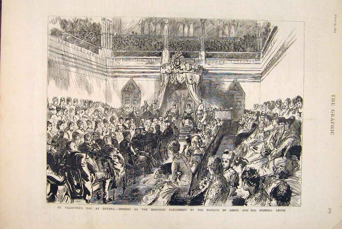 Old Antique Print Valentine'S Ottawa Canada Parliament Marquis Lorne 1879 19th