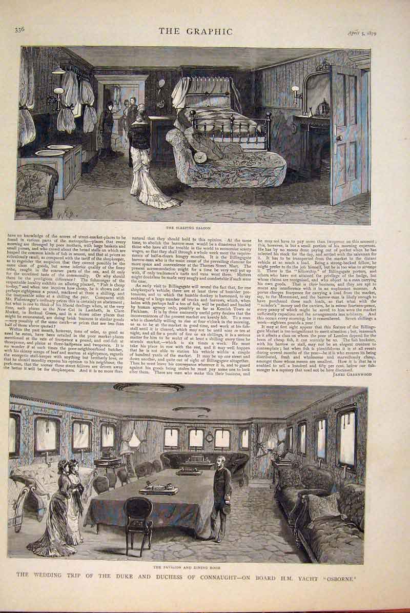 Original Old Antique Print Duke Duchess Connaught Hm Yacht Osborne Wedding 1879