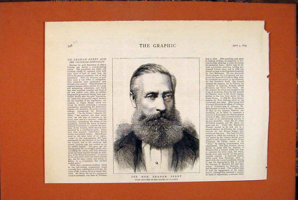 Original Old Antique Print Portrait Graham Berry Prime Minister Colony Victoria