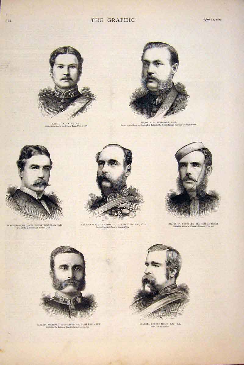 Old Antique Print Portrait Military Officers Africa India Zulu War 1879 19th