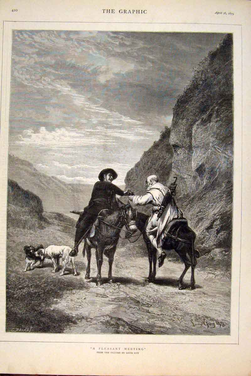 Old Antique Print Pleasan Tmeeting Louis Guy Fine Art 1879 Dogs Horse Men 19th