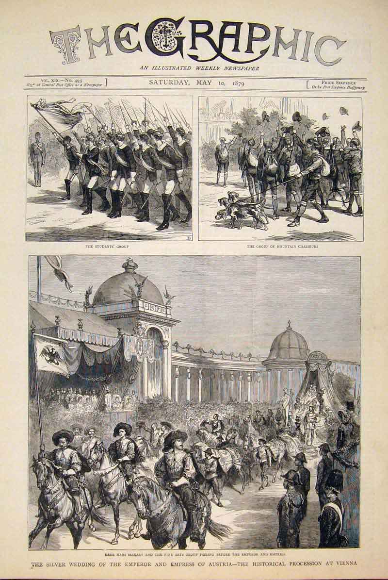 Original Old Antique Print Silver Wedding Emperor Austria Procession Vienna 1879