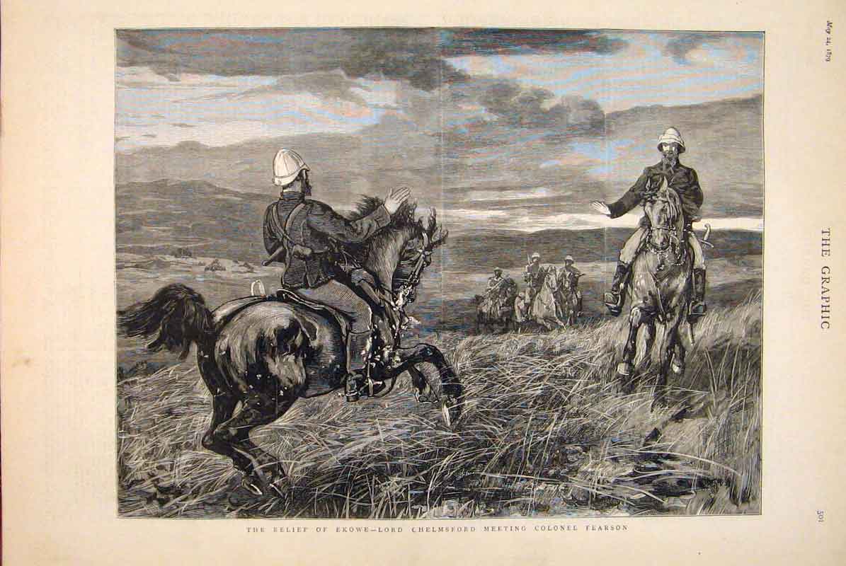 Original Old Antique Print Ekowe Zulu War Eshowe Chelmsford Colonel Pearson 1879