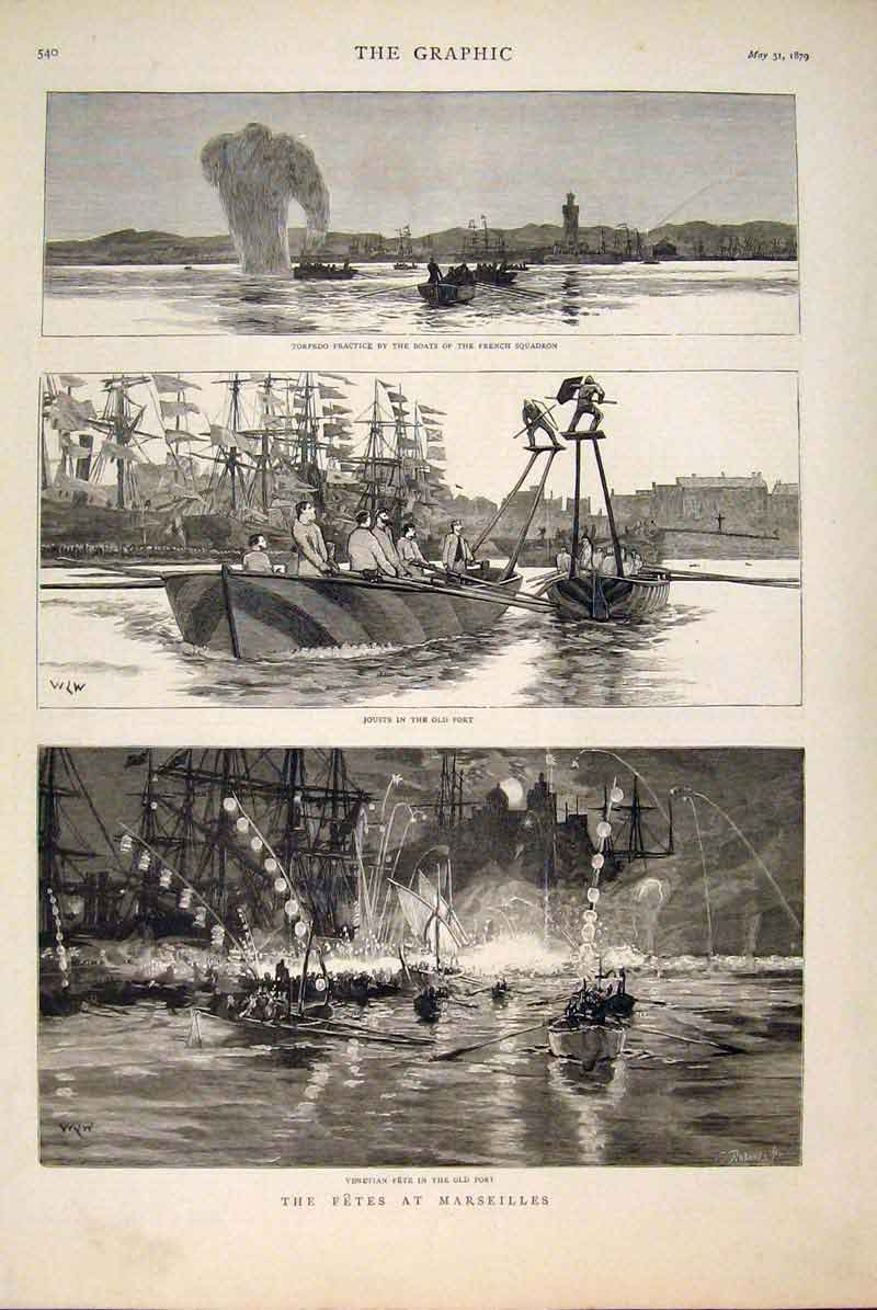 Old Antique Print Fete Marseilles France Venetian Jousts French Squadron
