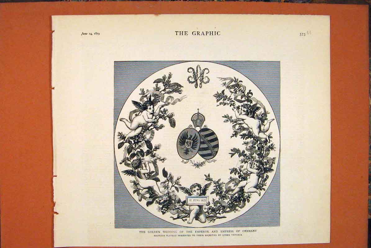 Original Old Antique Print Gen Wedding Empreor Empress Germany Majolica Plateau