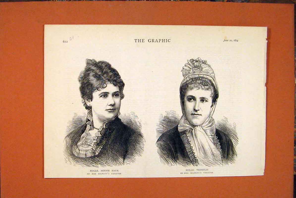 Old Antique Print Portrait Hauk Tremelli Majesty'S Theatre Actress 1879 19th