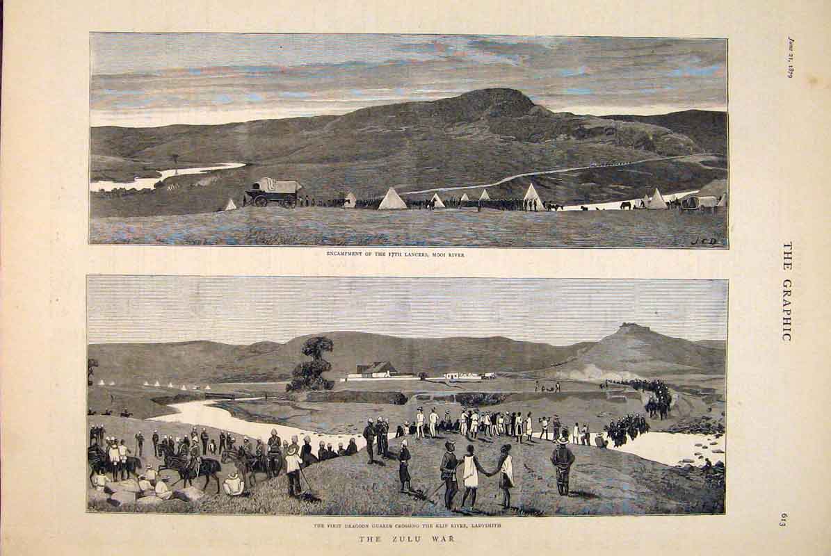 Old Antique Print Zulu War Africa Ladysmith Mooi River Klip Dragoon Guard