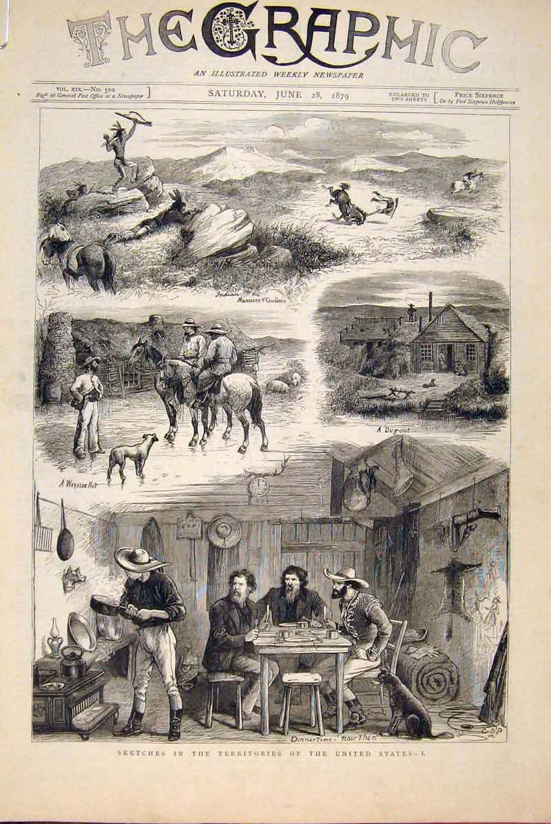 Old Antique Print Sketches United States Territories Indian Hunting 1879 19th