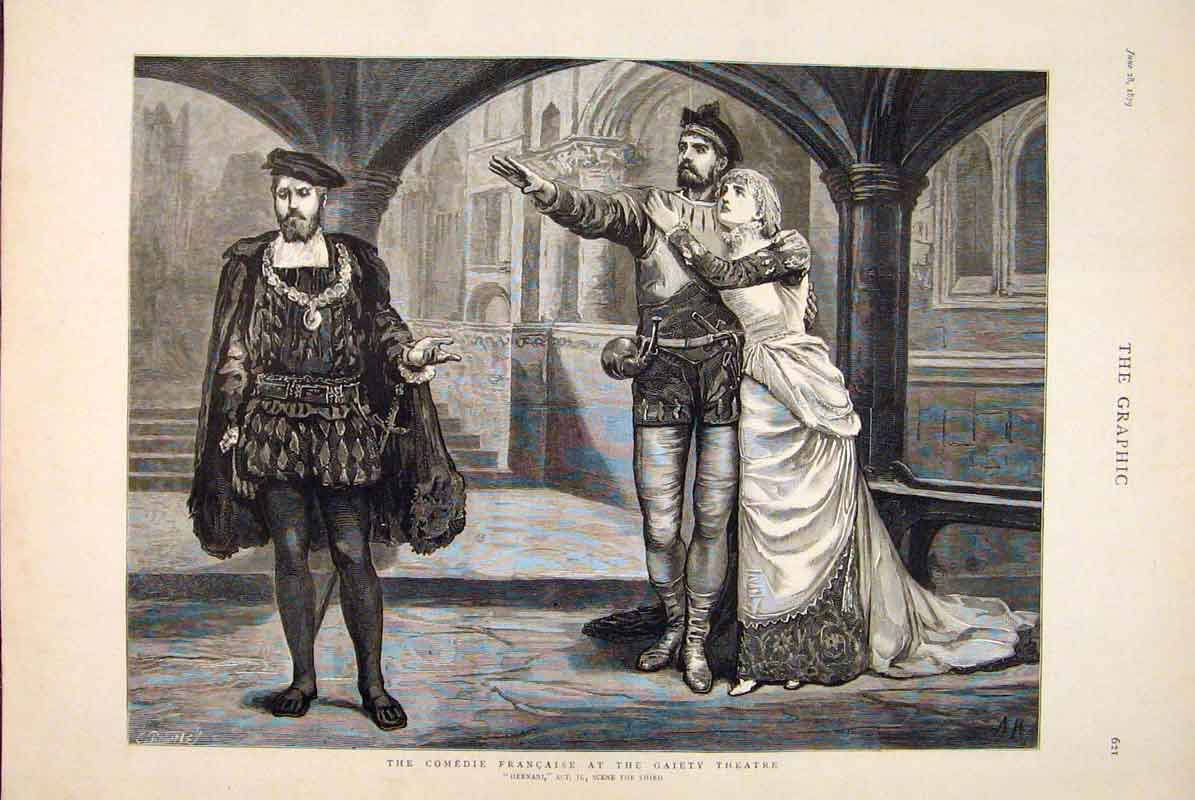 Original Old Antique Print French Comedy Gaiety Theatre Scene Hernani 1879 19th
