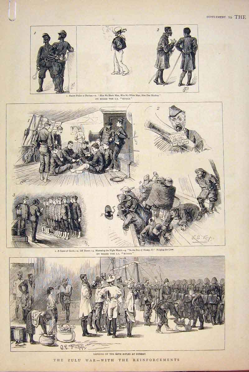 Original Old Antique Print Zulu War Durban Africa Ss Russia Officers 1879 19th