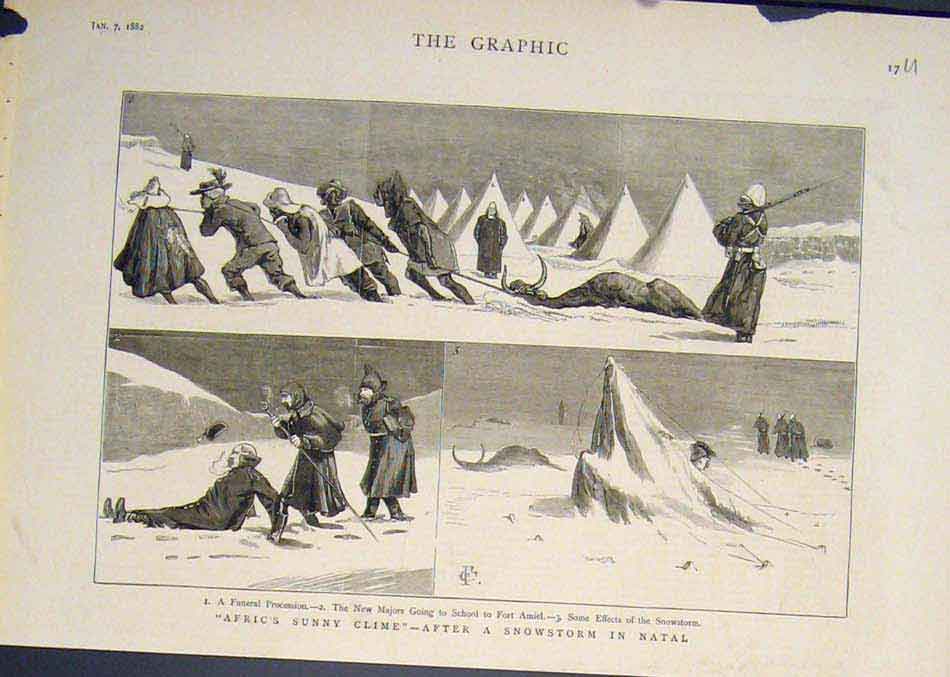 Original Old Antique Print Africa Snowstorm Natal Fort Amiel 1882 Victorian