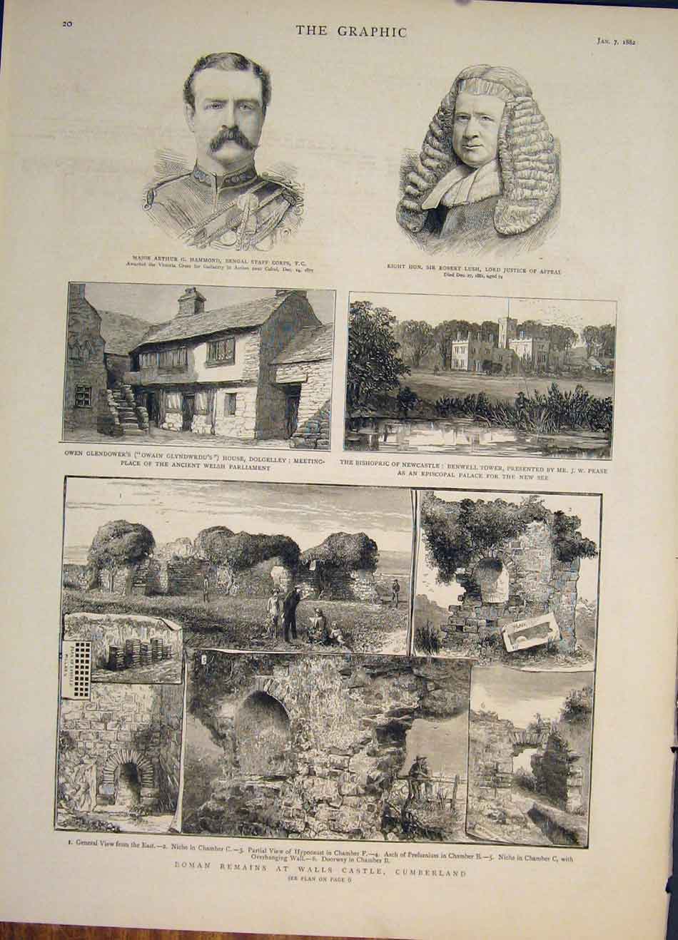 Old Antique Print Roman Remains Walls Castle Cumberland Hammond Lush 1882 19th