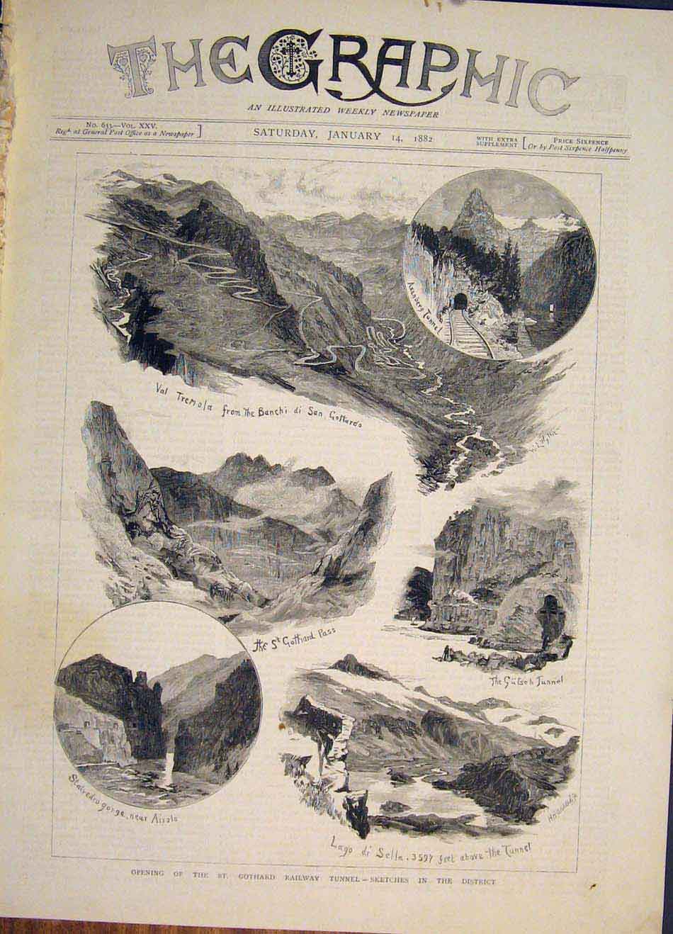 Original Old Antique Print St Gothard Railway Tunnel Sketches 1882 Victorian