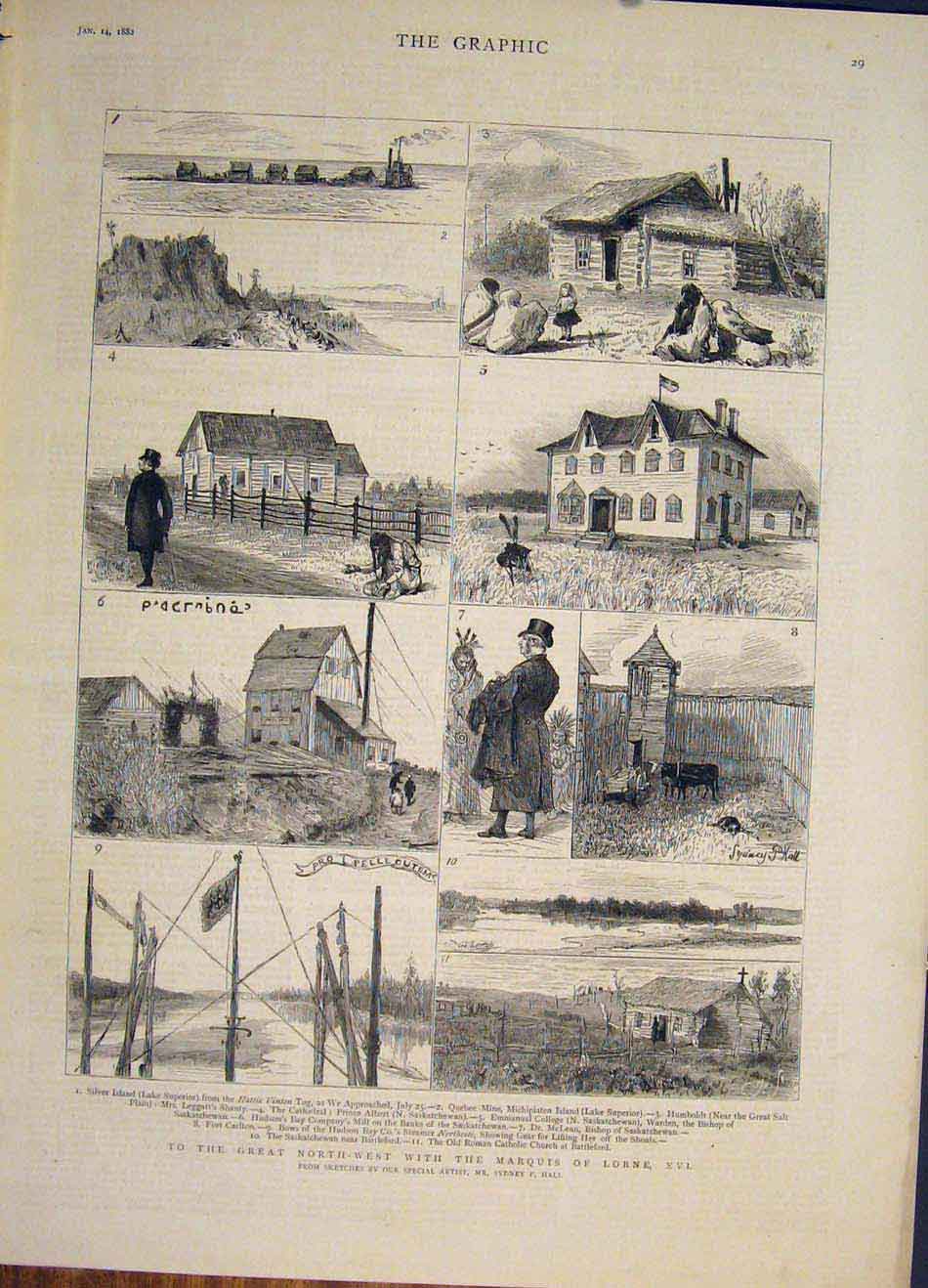 Original Old Antique Print Marquis Lorne America Hall Cathedral Sketches 1882
