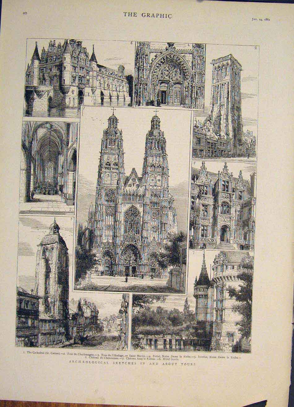 Original Old Antique Print Archaeological Sketches Tours Cathedral Chateau 1882