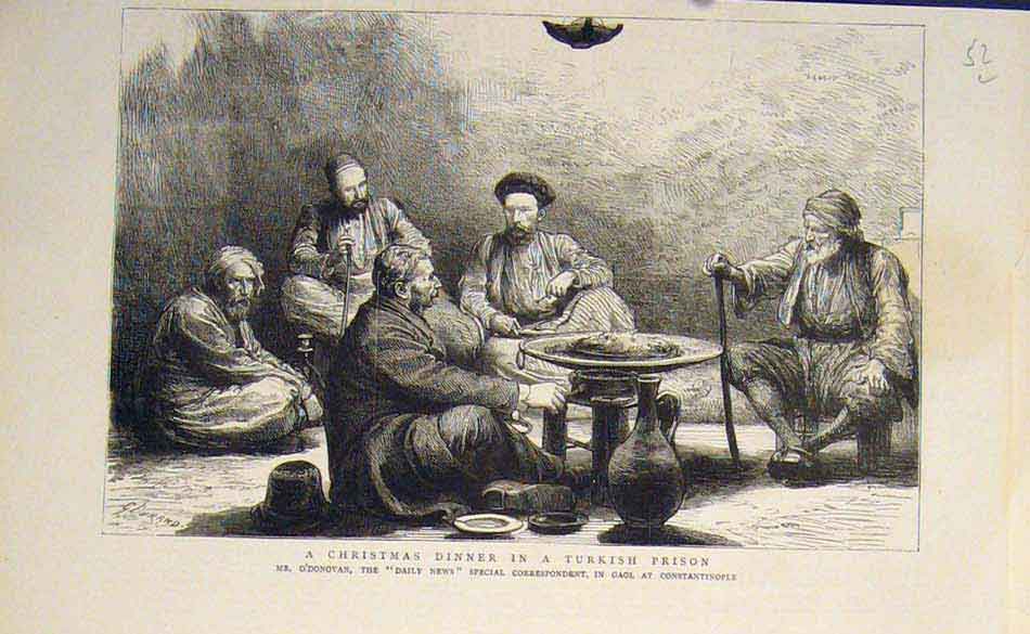 Old Antique Print Turkish Prison O'Donovan Constantinople Christmas 1882 19th