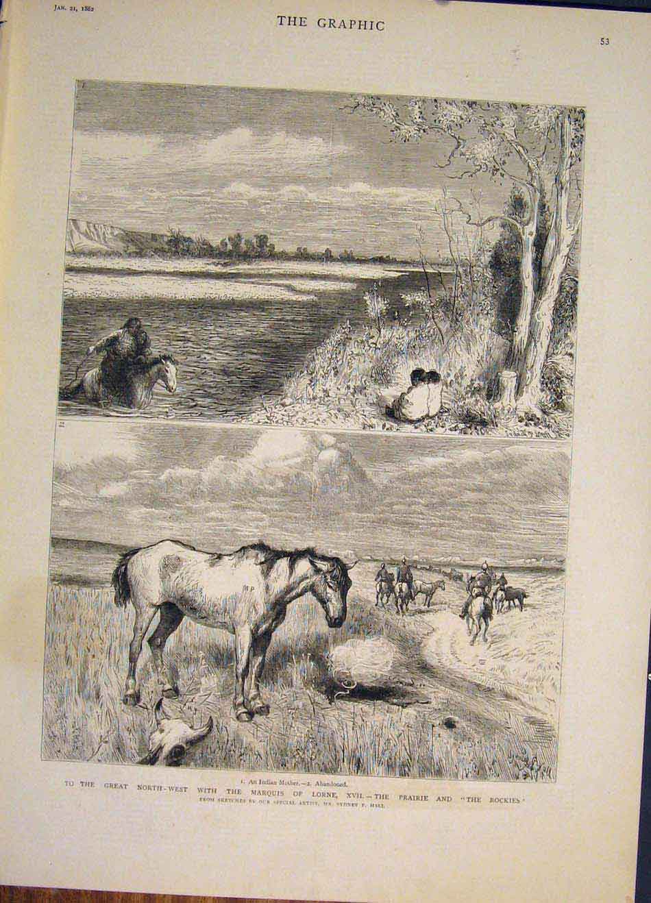 Old Antique Print Marquis Lorne America Prairie Rockies Hall Sketch 1882 19th