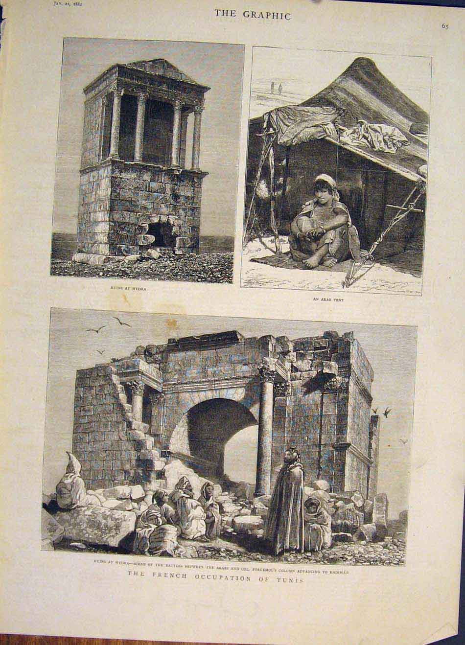 Original Old Antique Print French Occupation Tunis Tunisia Hydra Ruins Arab Tent