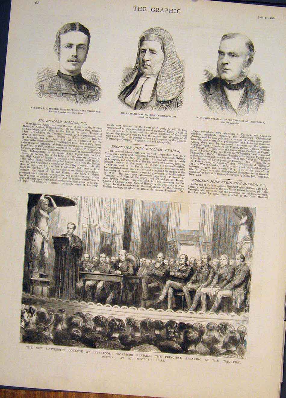 Old Antique Print Portrait Mccrea Malins Draper College Liverpool Rendall