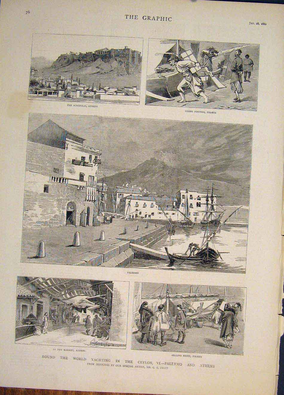 Old Antique Print Yachting Yacht Ceylon Palermo Athens Greece Market 1882 19th