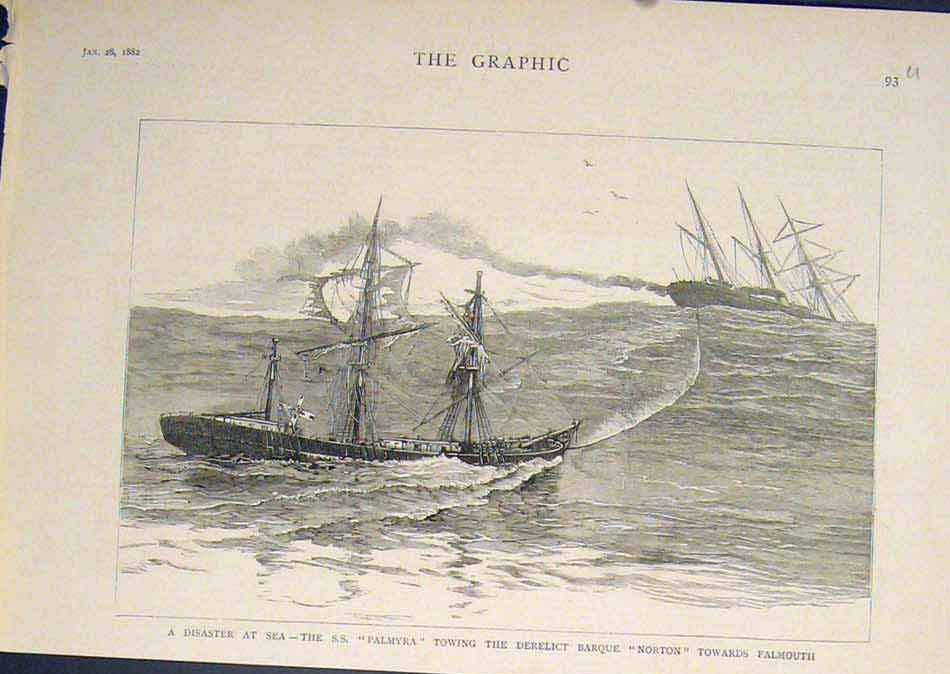 Original Old Antique Print Ss Palmyra Barque Norton Falmouth Ship Ships 1882