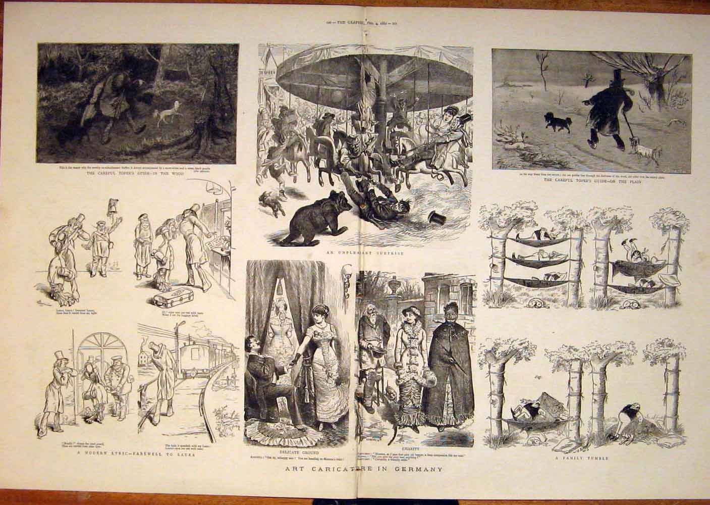 Original Old Antique Print Art Caricature Germany Sketches Lyric Toper 1882