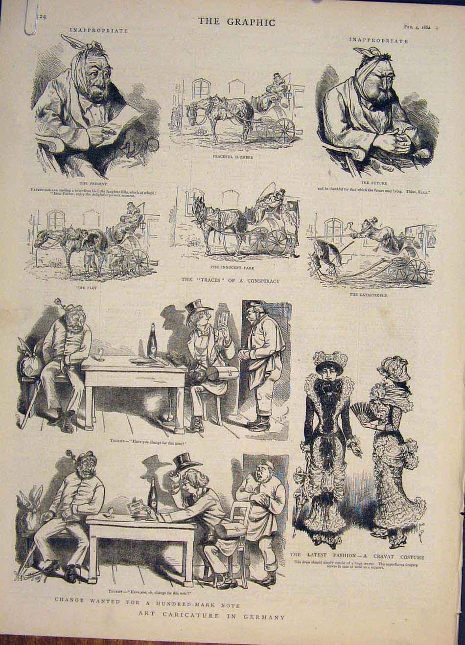 Old Antique Print Art Caricature Germany Barber Conspiracy Sketches 1882 19th