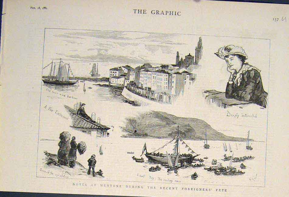 Original Old Antique Print Mentone Fete Sketches Sketch Boats Harbour 1882 19th