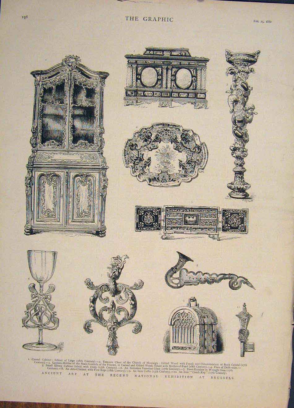 Old Antique Print Brussels Ancient Art Furniture Exhibition Cabinet 1882 19th