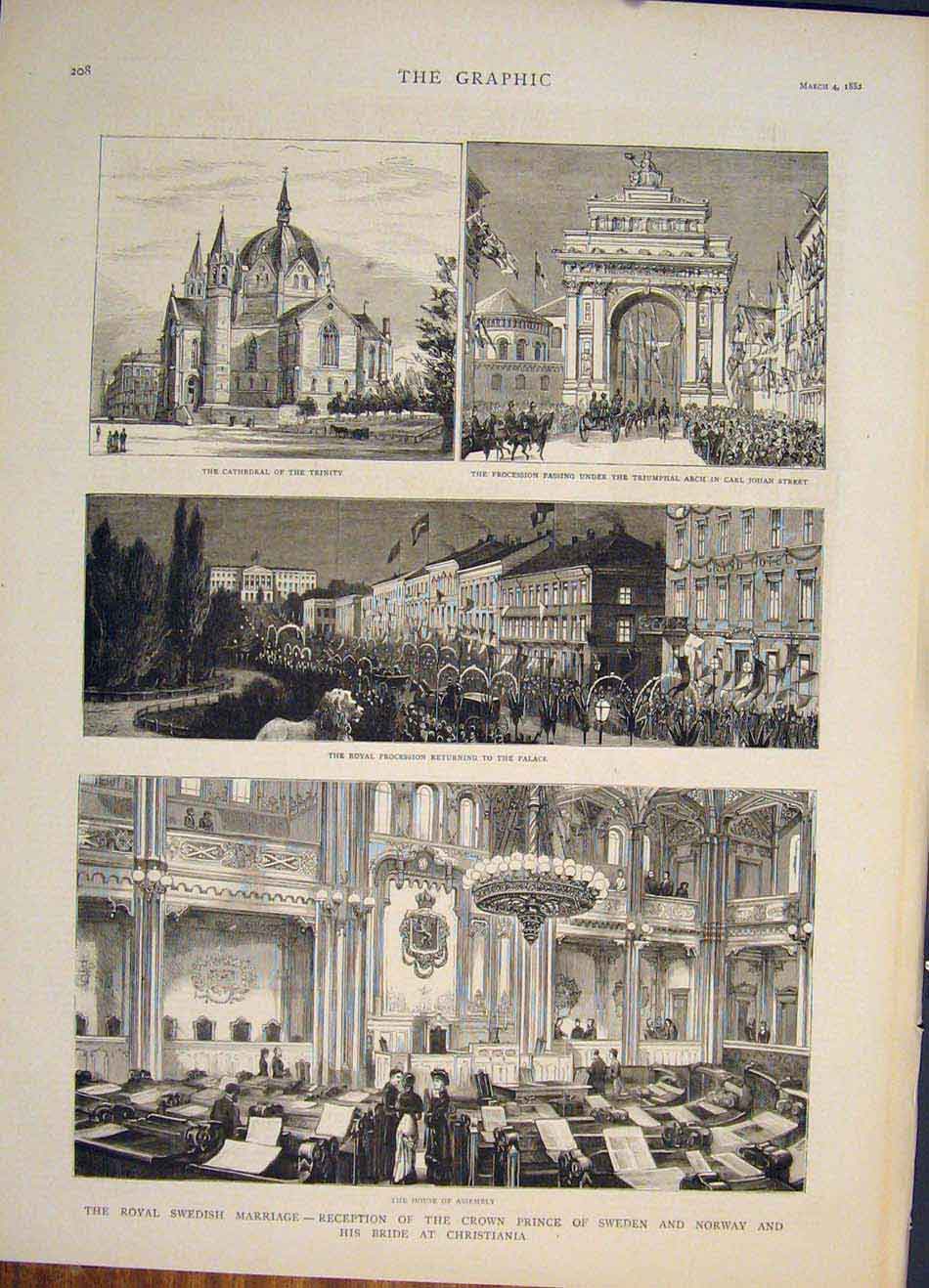 Old Antique Print Royal Swedish Marriage Sweden Norway Prince Christiania