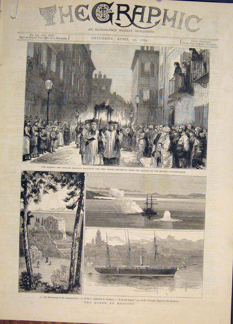 Old Antique Print Queen Mentone Hms Inflexible Monaco Bottini Lemons 1882 19th