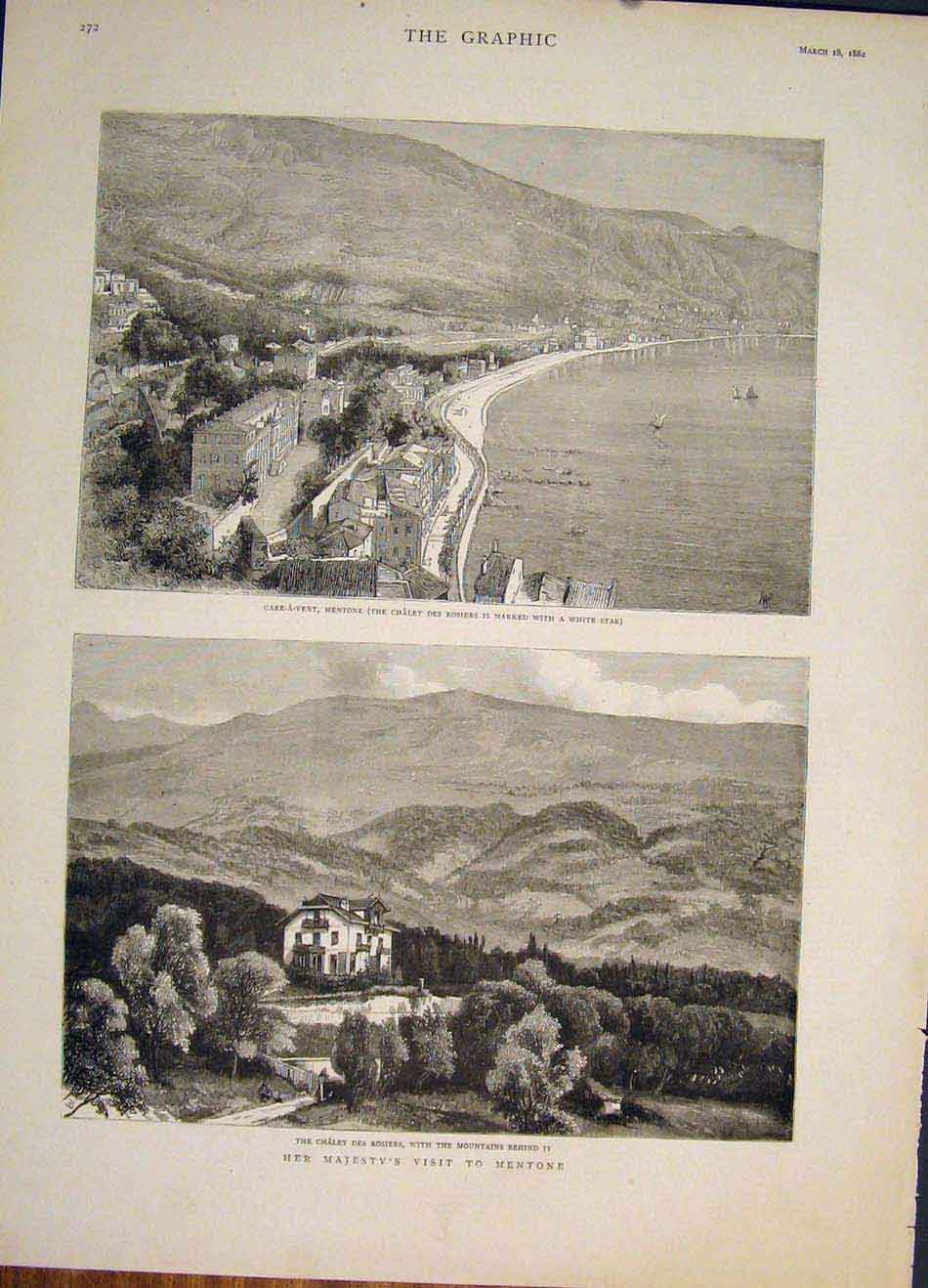 Original Old Antique Print Mentone Queen Chalet De Rosiers Mountains France 1882