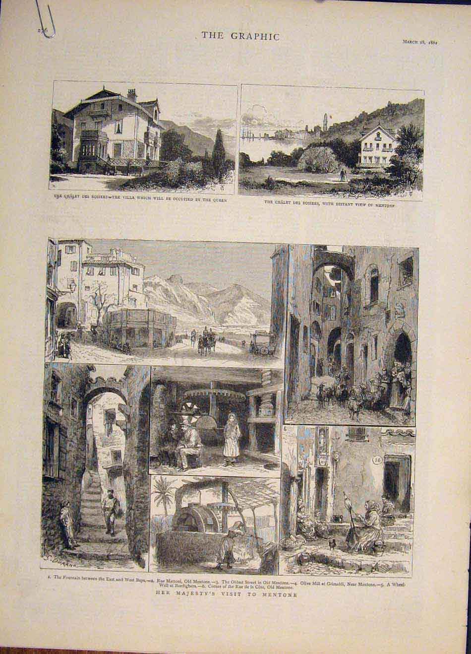 Original Old Antique Print Mentone Chalet De Rosiers Villa Olive Sketches 1882