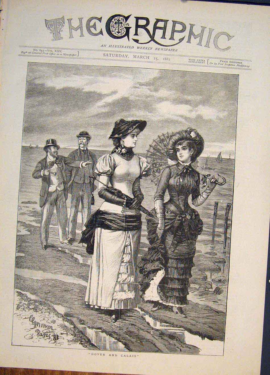 Original Old Antique Print Dover Calais Ladies Fine Art 1882 19th