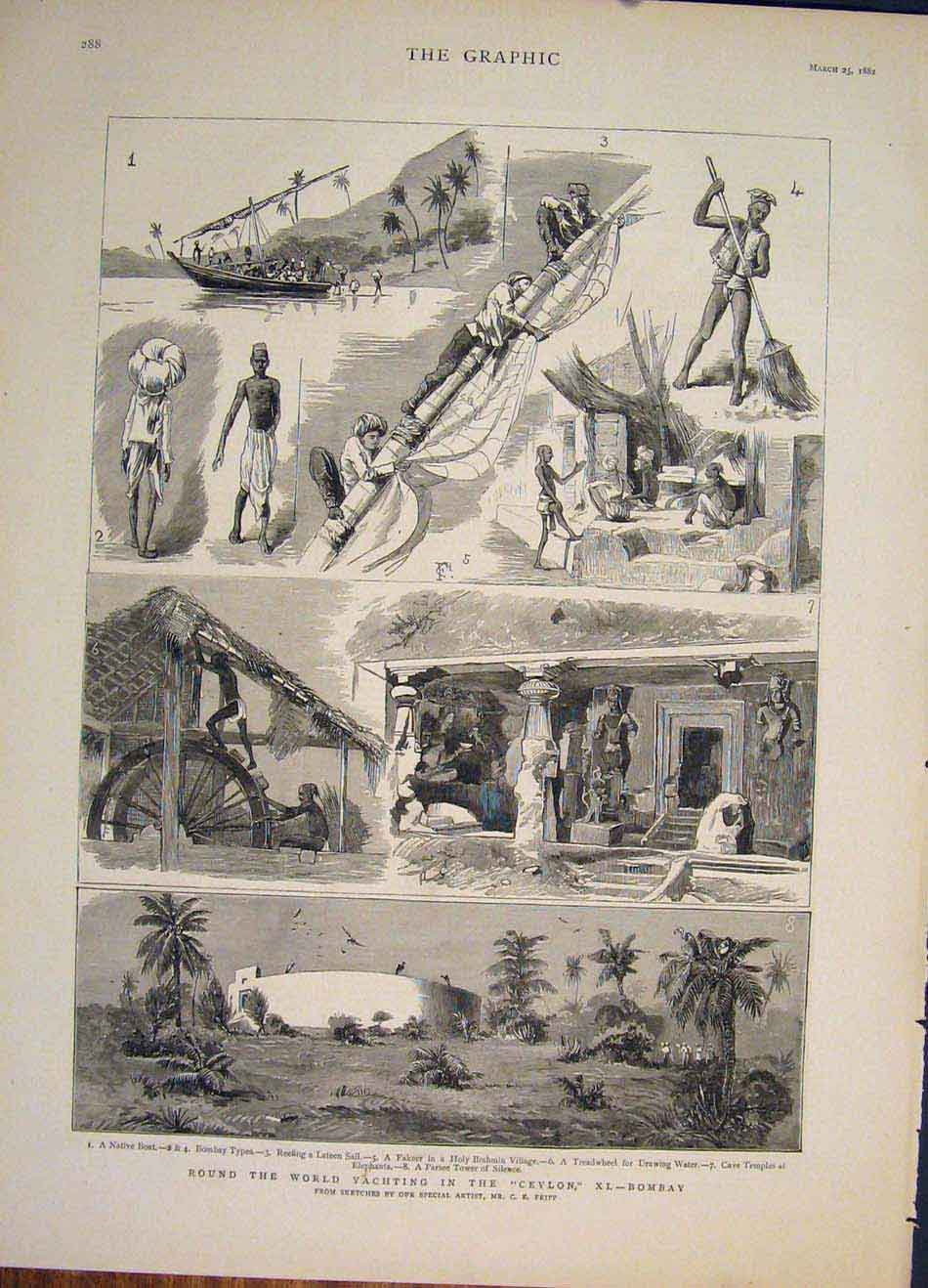 Original Old Antique Print Yachting Yacht Ceylon Bombay India Fripp 1882 19th