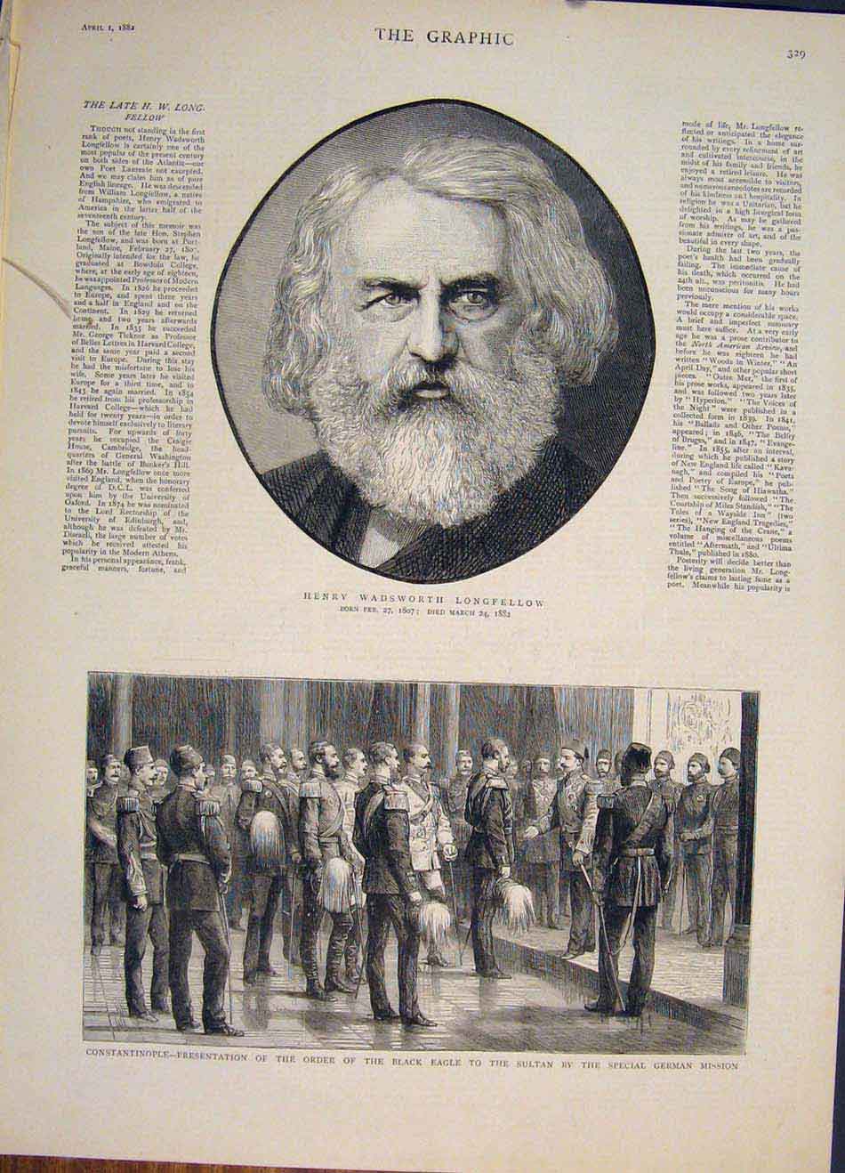 Original Old Antique Print Portrait Longfellow Poet Constantinople Sultan 1882