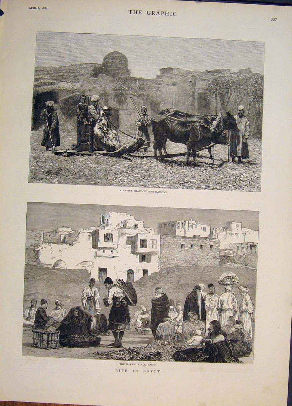 Old Antique Print Egypt Sketches Chaff Cutting Machine Market Place Cairo