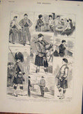 Old Antique Print Military Sketches Edinburgh Castle French Artist Pipes