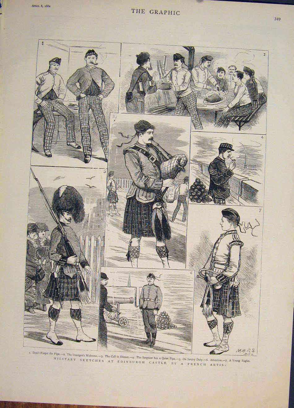 Old Antique Print Military Sketches Edinburgh Castle French Artist Pipes