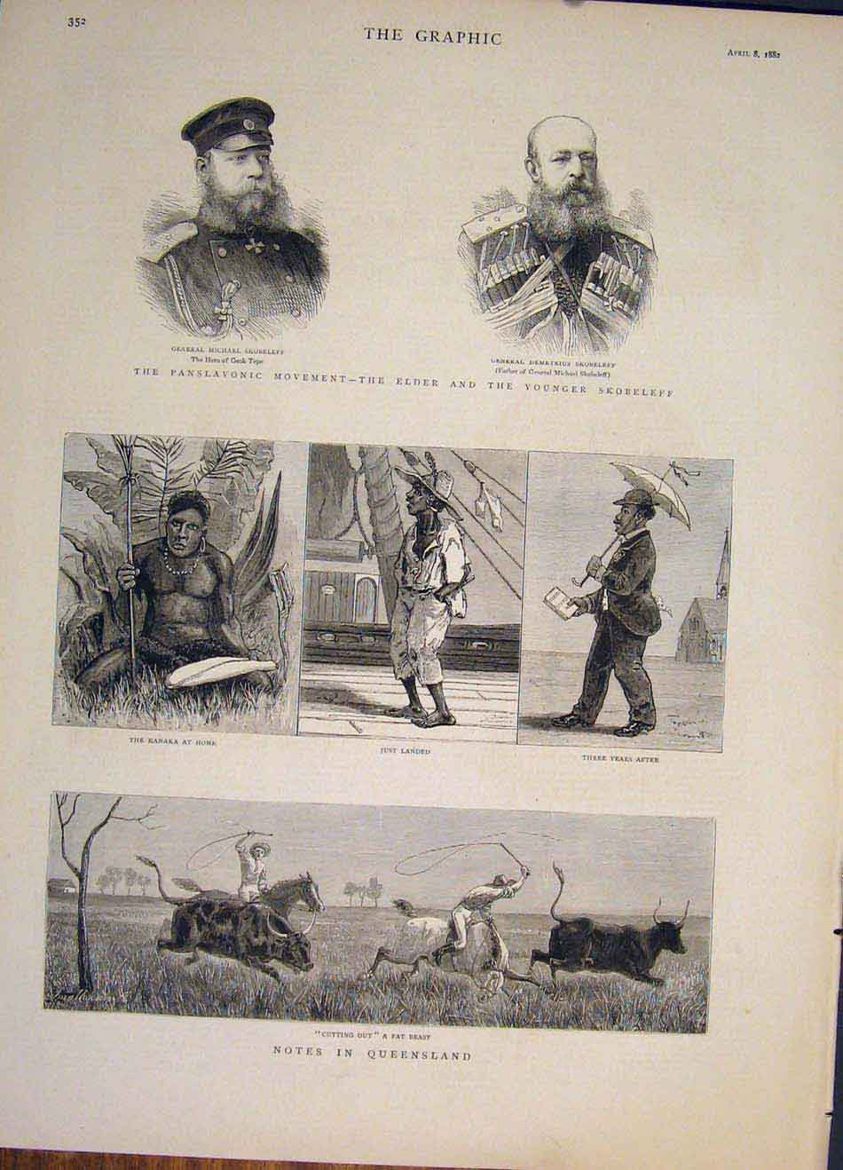 Original Old Antique Print Portrait Skobeleff Queensland Australia 1882 19th