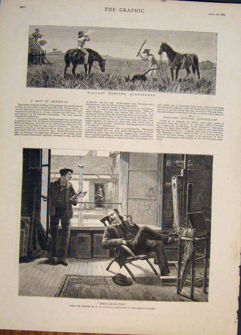 Old Antique Print Wallaby Hunting Hunt Queensland Australia Bartlett 1882 19th