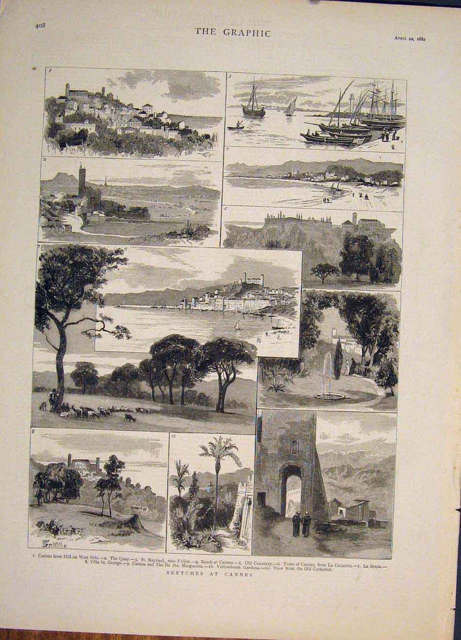 Original Old Antique Print Sketches Cannes Cathedral Garden France 1882 19th