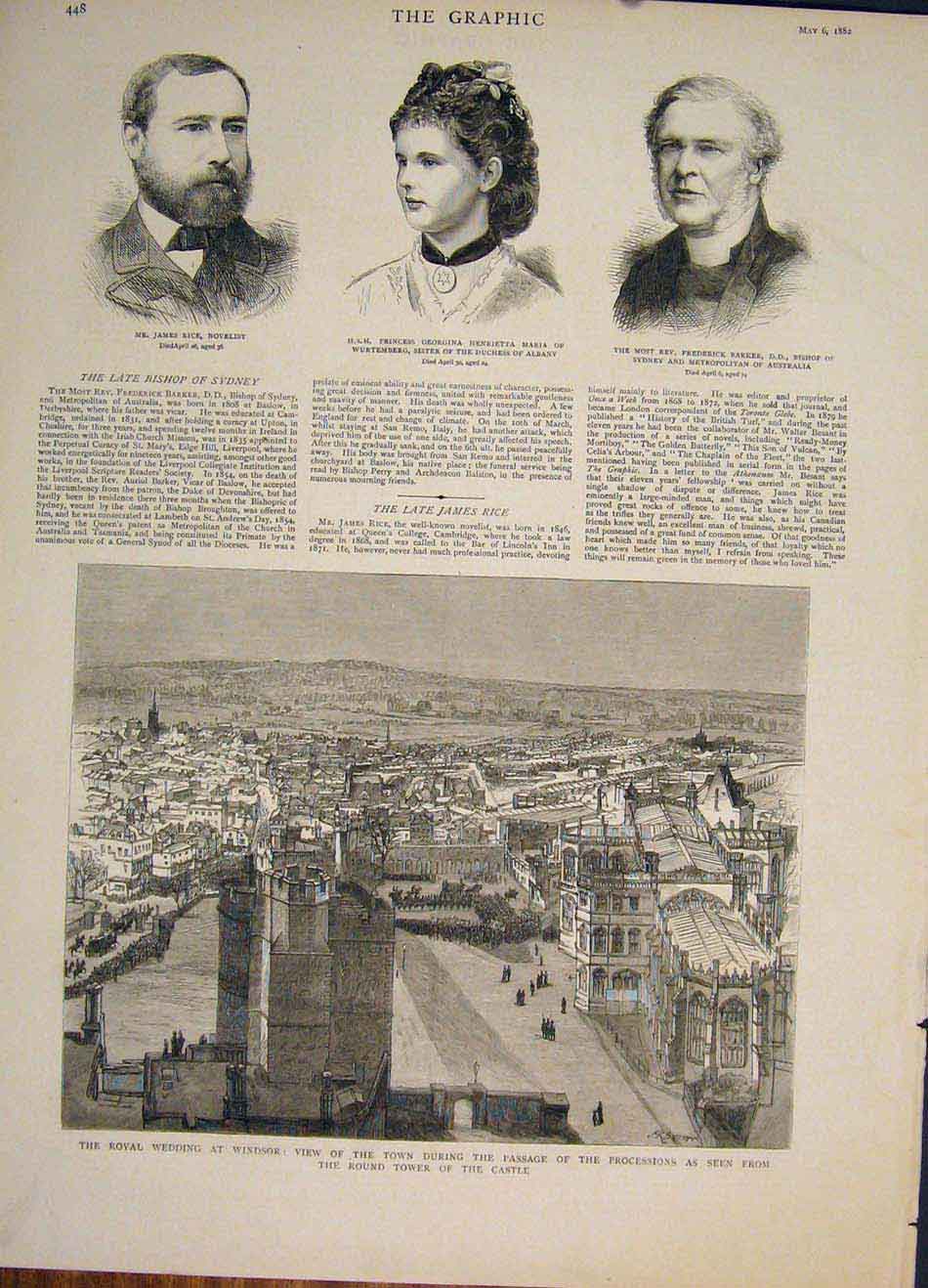 Original Old Antique Print Portrait Rice Barker Windsor Wedding Castle 1882 19th