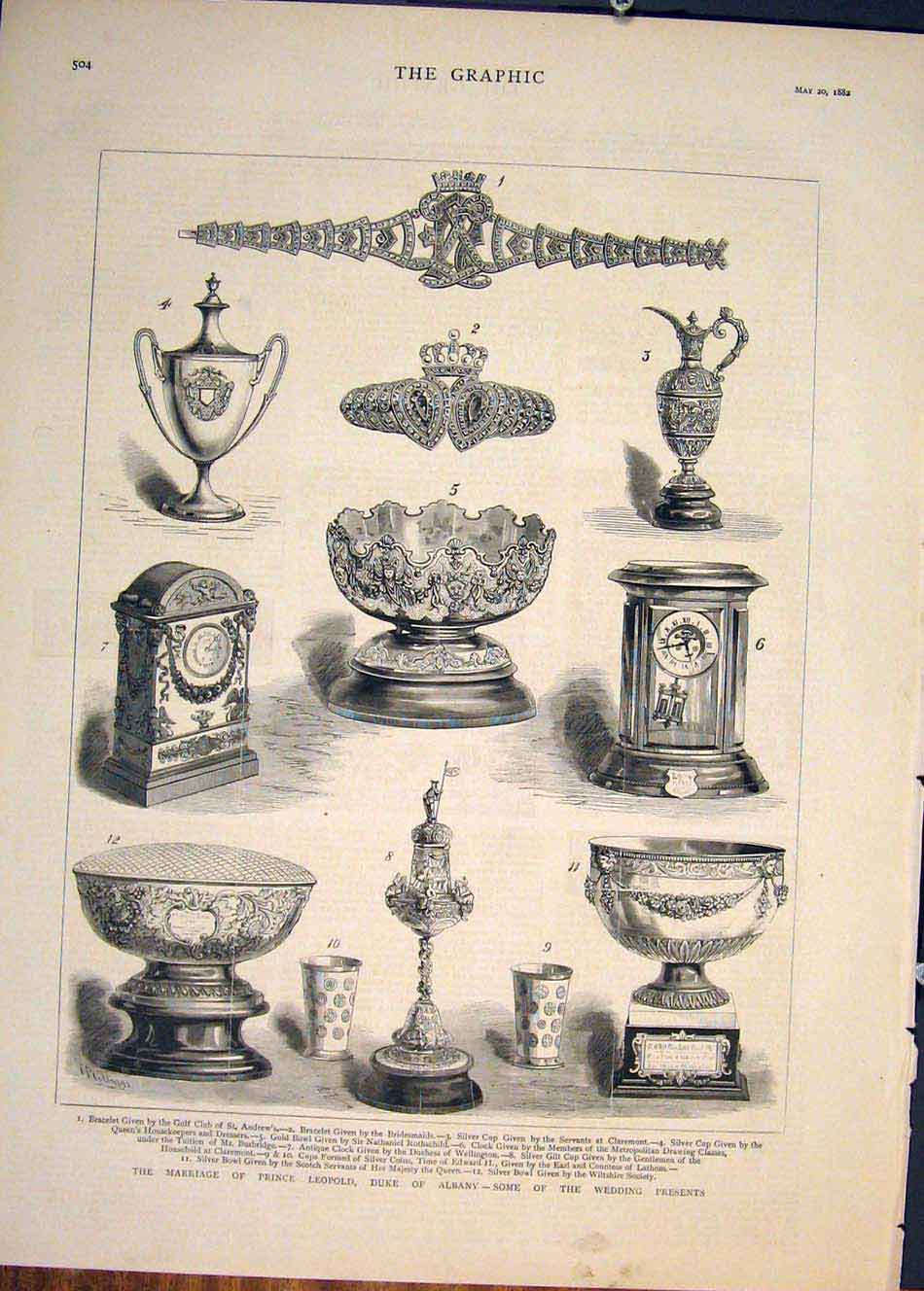 Original Old Antique Print LeopDuke Albany Marriage Presents Bowl Silver 1882